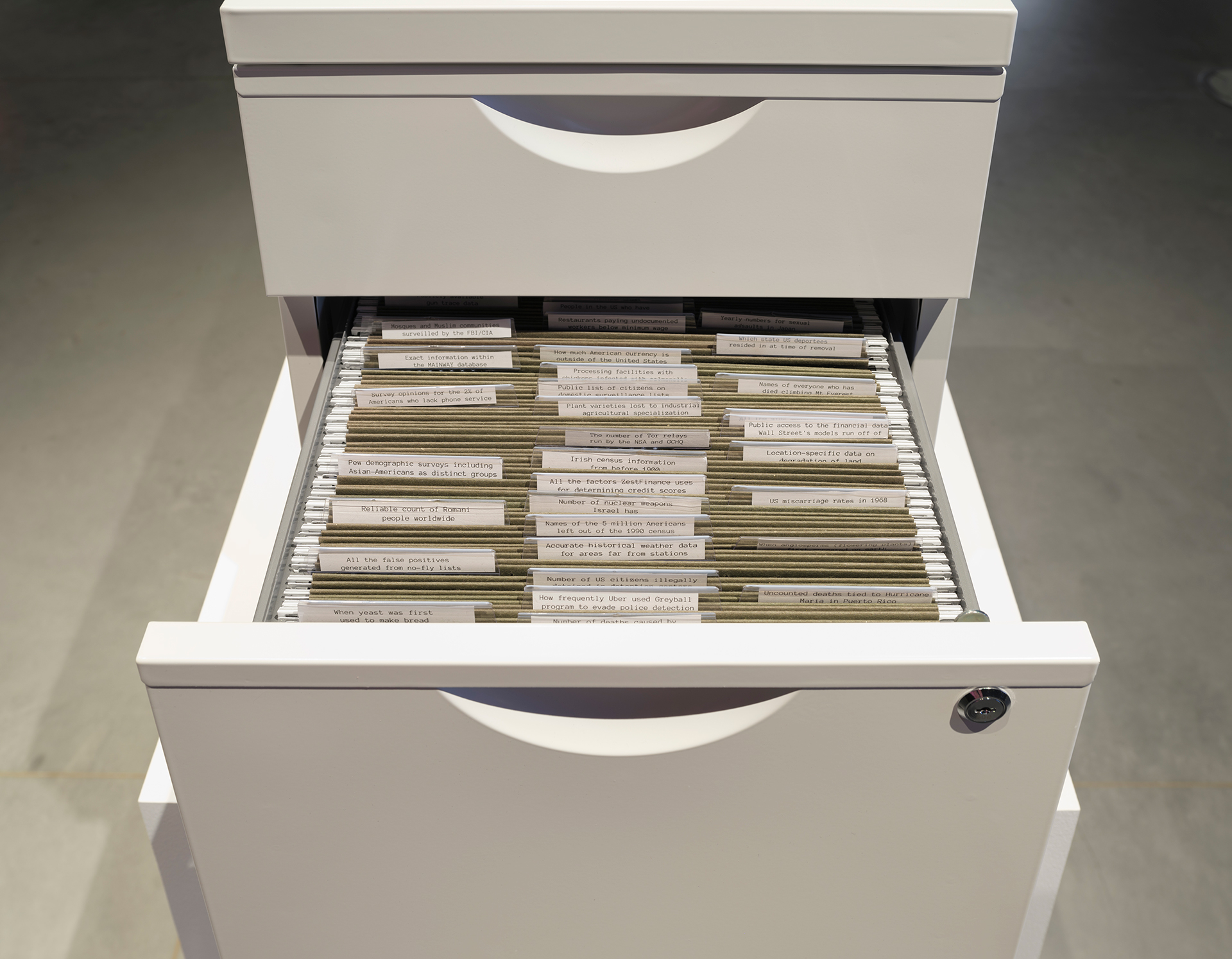 The open drawer of a white filing cabinet. The drawer is filled with brown folders that have white tabs on top. Each folder is labeled.