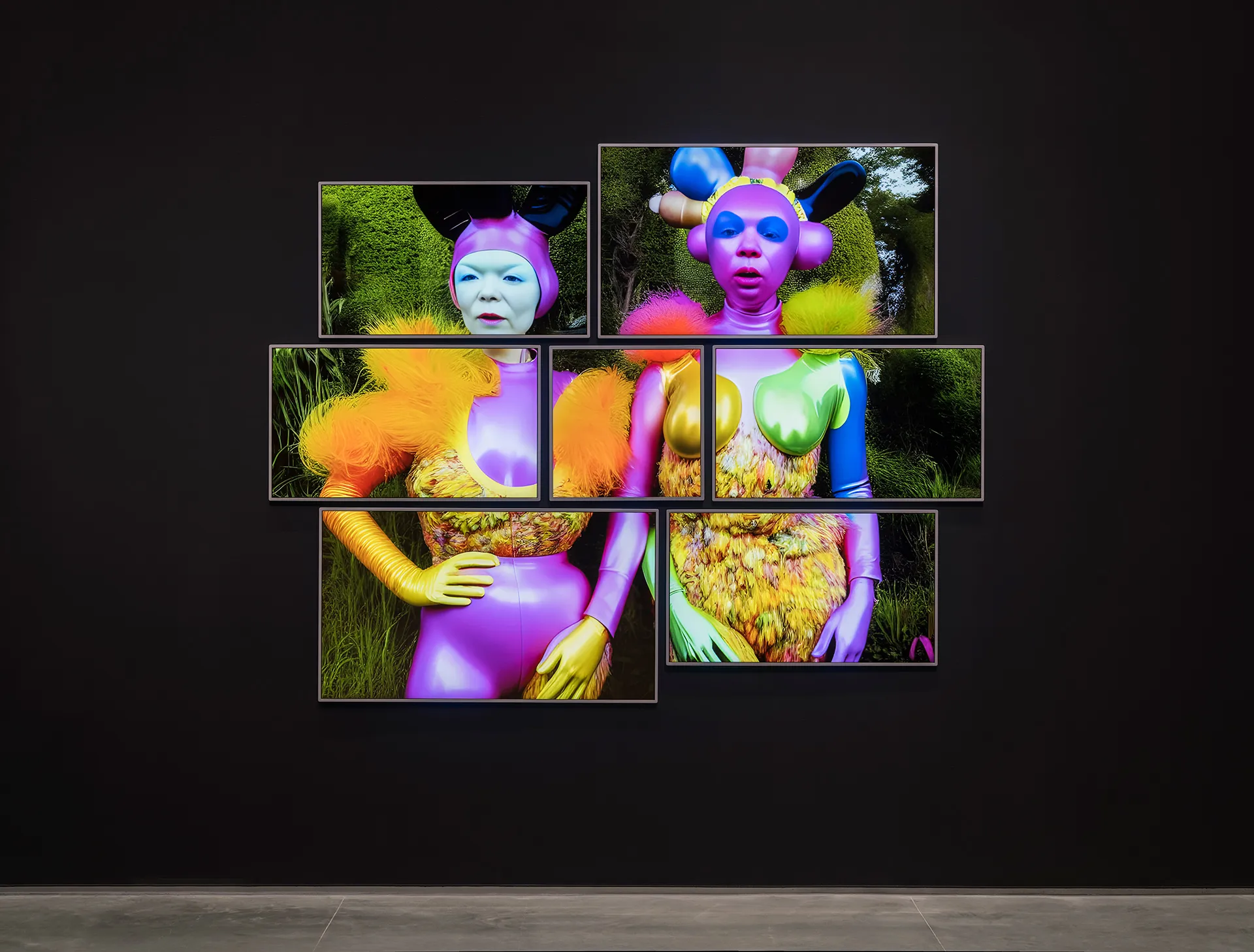 A digital image of two front facing figures displayed across seven screens. Both figures wear brightly colored skin tight garments ornamented with colorful feathers and there is some greenery behind them.