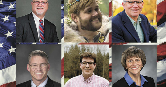 Legislative District 5 candidates on the ballot in the 2022 primaries. From upper left: Ken Moninski, Austin Bryant, incumbent Rep. Bill Ramos, Chad Magendanz, Landon Halverson, and incumbent Rep. Lisa Callan.