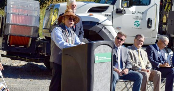 Conor Wilson / Valley Record 
Snoqualmie Tribal Chairman Robert de los Angeles speaks at the I90/SR18 interchange ceremony.