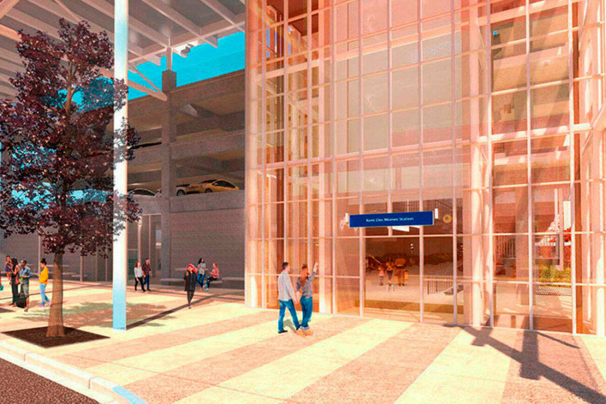 A rendering of the new light rail station in Kent, near Pacific Highway South and 30th Avenue South, that will be called Kent Des Moines Station along the extension from SeaTac to Federal Way scheduled to open in 2026. COURTESY IMAGE, Sound Transit