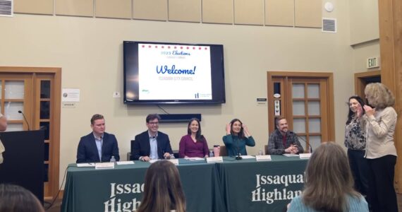 Issaquah City Council Candidates gather on Oct. 19 for the candidate forum at Blakely Hall. Candidates from left to right: Zach Hall, Landon Halverson, Lindsey Walsh, Victoria Hunt and Sam Sheehan. (Photo by Cameron Sires/ Sound Publishing)