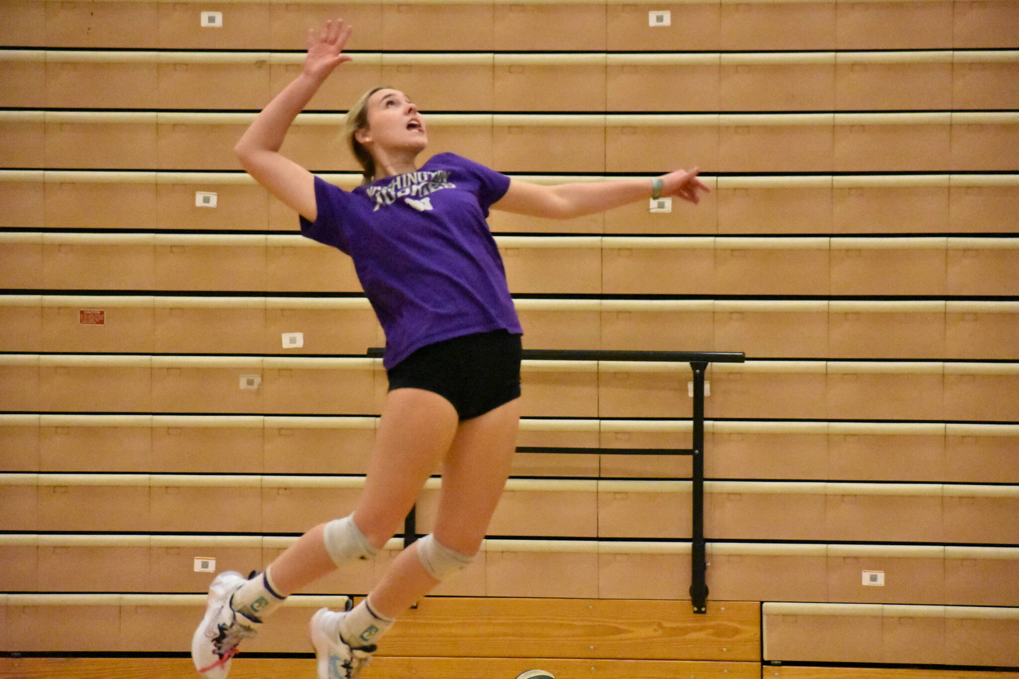 Rylee Booth goes up for a kill in practice before the Spartans matchup with Olympia. (Photos by Ben Ray / Sound Publishing)