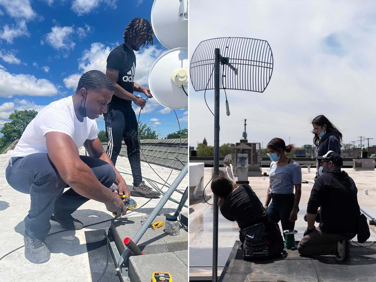 Members from the Detroit Community Technology Project installing wireless antennas on resident rooftops.