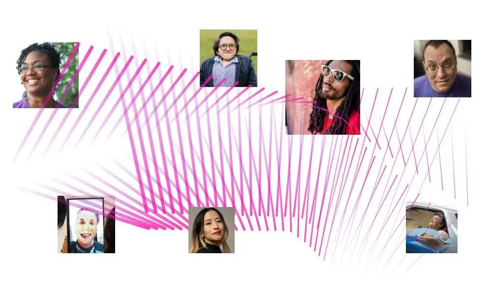 Pink lines form a loose triangle repeated into a three dimensional shape, gently curving down then up. Around the shape is a constellation of faces of the 2022 Disability Futures Fellows.