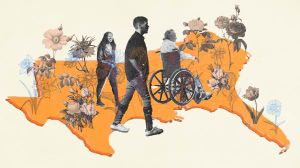 A collage of Dom Kelly, a person walking with a white cane and a person in a wheelchair positioned on top of a cut out of a southern portion of the United States map in orange. Arranged amongst flowers.