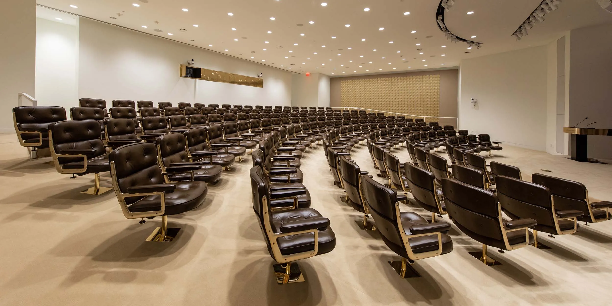 An empty auditorium with rows of brown leather chairs. Behind them is a tan upholstered wall with gold circles.