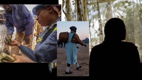 A collage of miners, women workers and survivors of sexual assault in Zimbabwe.