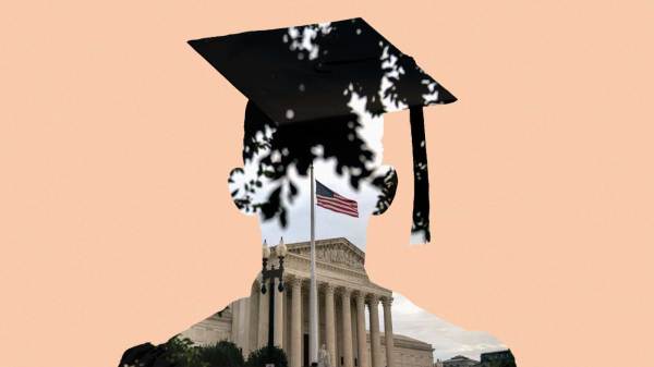  A silhouette of a college graduate in cap and gown with an image of the supreme court cropped inside of the outline.