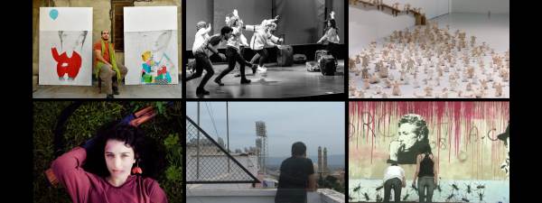 Six frames of artwork depicting painting, dance, sculpture, and film from artists in the Middle East and North Africa.