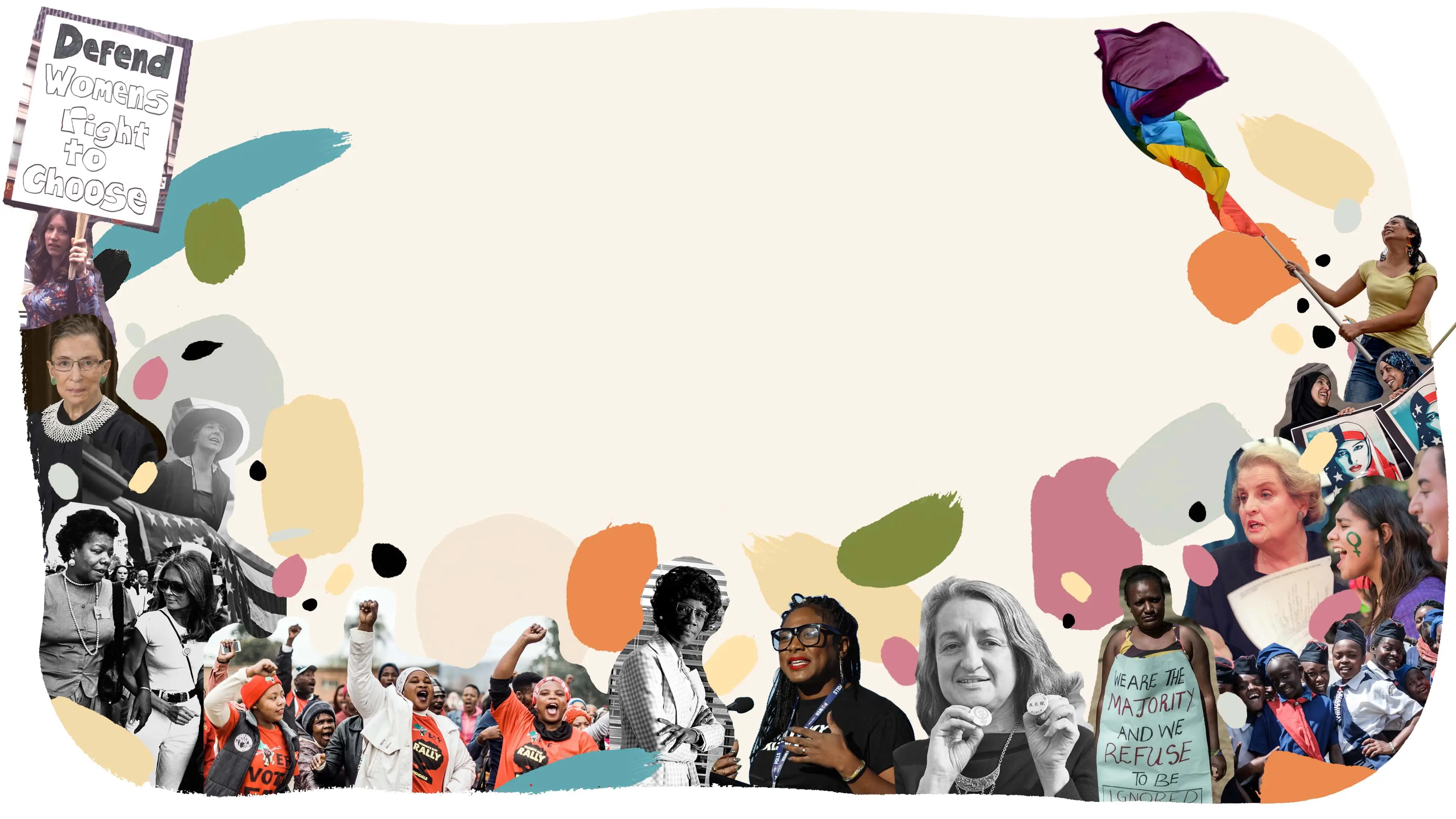 Collage of women in history and women protesting with colorful abstract shapes.